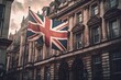 A British Union Jack flag flying from a pole near stunning London buildings with classic architecture. Natural light. Generative AI.