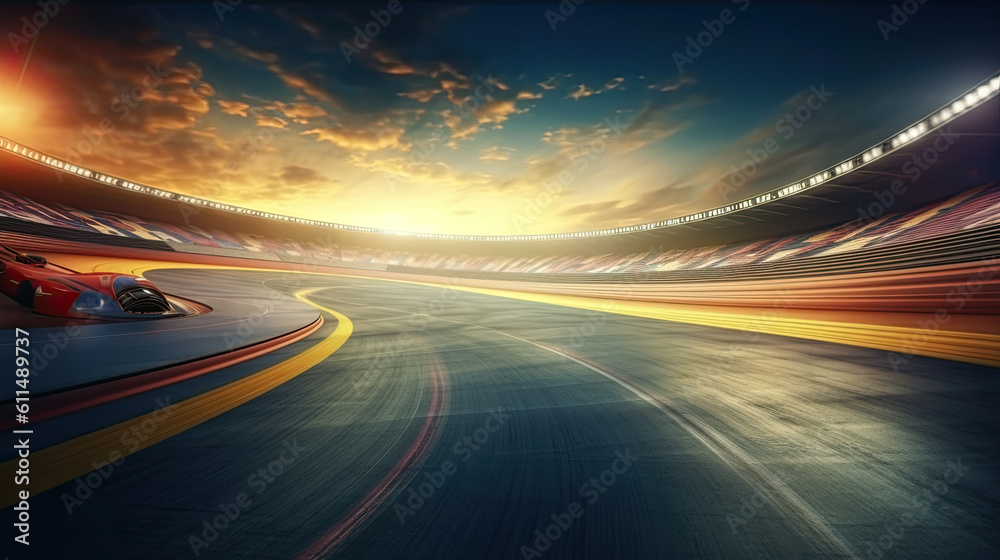 View of FORMULA 1 race ring. Driving a sport car. Asphalt road. Empty ...