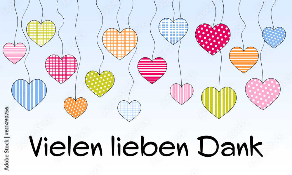Vielen lieben Dank - Schriftzug in deutscher Sprache. Danksagungskarte