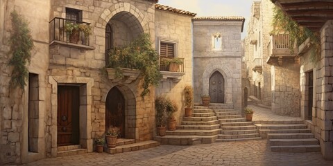 AI Generated. AI Generative. Medieval town in Spain Merengue. Old architecture adventure vacation style. Graphic Art