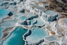Aerial Top View Pamukkale Turkey Travertine Pools, Nature Terraces With Blue Water. Generative AI