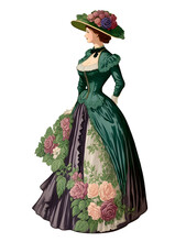 Vintage Lady In Beautiful Green Dress And A Hat Created With Generative AI Edwardian Victorian Fashion Cartoon Style Romantic Flowers
