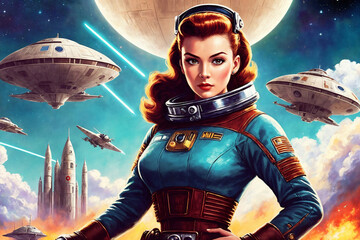 portrait of a beautiful woman as an astronaut on background of stars and universe, space theme in th