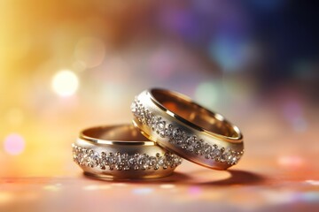 two gold wedding rings are in front of a pastel bokeh background, in the style of digitally enhanced, copy space