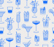 Seamless pattern of cocktails. Line art, retro. Vector illustration for bars, cafes, and restaurants.