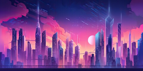 Wall Mural - AI Generated. AI Generative. Retro vintage synthwave vaporwave city urban town cityscape. Pink purple future colors. Graphic Art