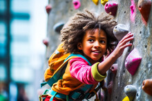 Child On A Rock Climbing Wall. Generative AI
