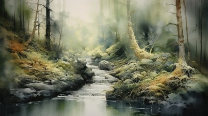 Sticker - Watercolor painting, serenity washes over the forest as ethereal creatures emerge from the depths of the enchanted woods. Generative AI