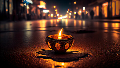 Diwali and Dipawali - Hindu festival of lights. A candle, a lantern on the road. Ai generative.