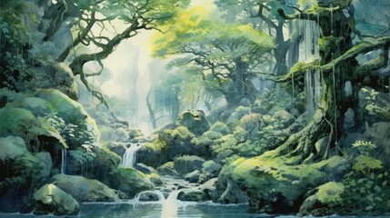 Wall Mural - Watercolor painting, whispers cascade through the trees, bringing to life a magical realm where animals wear vibrant coats of liquid enchantment. Generative AI