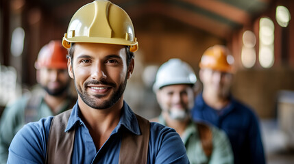 Engineer at construction site wearing safety helmet Confident engineer looking at camera with team behind Generative AI