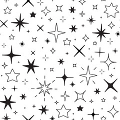 Seamless pattern of sparkles and twinkling stars doodle set. Glitter burst, shining star, falling star, firework, magic sparkle icons. Hand drawn vector illustration