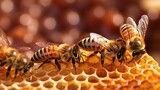 Macro photo of working bees on honeycombs. Beekeeping and honey production Generative AI