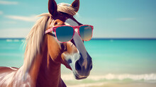 Handsome Horse At The Beach Ocean View. Funny Summer Vacation, Holidays Concept.