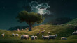 A picturesque Eid scene: Sheep peacefully roam on a hill under the moonlight. Generative AI