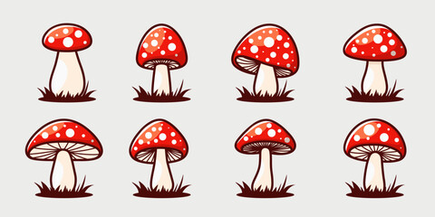 Vector Flat Mushroom Icon Set Isolated. Amanita Muscaria, Fly Agaric Sign, Mushrooms Collection. Magic Mushroom Symbol, Design Template. Vector illustration