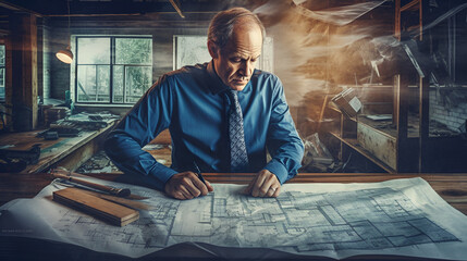 Wall Mural - Mature businessman controlling blueprints from unfinished house Generative AI