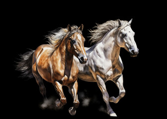  Artist portrait of running horse in watercolor, isolated on a black background. Developed with generative ai