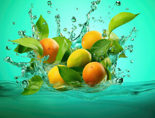 Mangoes fruit falling into the water with splashing