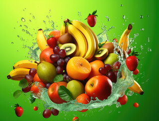 Variety of Fruits falling into the water with splashing