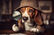 A dog with a magnifying glass dressed as a detective. Investigation concept. AI generated, human enhanced