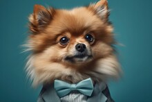 Anthropomorphic Dog Of The Pomeranian Breed Dressed In A Suit Like A Businessman. Business Concept. AI Generated