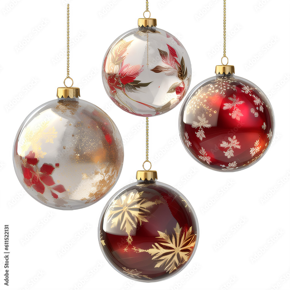 Three red white and gold christmas ornaments hanging from a string on a ...
