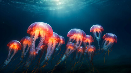 Glowing jellyfish floating in ocean water. Ethereal and peaceful sea life underwater