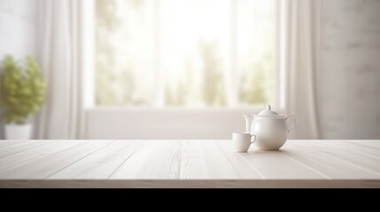 Sticker - White color tone, blank white wooden table, interior with blurred background, product display template. Generative AI