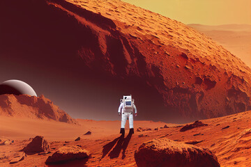 Sticker - Ravishing digital illustration of Mars landscape feature with red surface and mountain with astronaut. Space exploration and martian on red planet concept by generative AI.