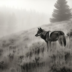 Wall Mural - a black and white illustration of a wolf standing on a hill generative ai