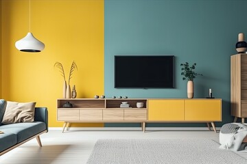 Modern living room with TV on yellow wall and wooden plate over cabinet. Generative AI