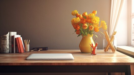 Canvas Print - In a home office, a table with a blank laptop screen, pencils, and a vase. Office space with a laptop and supplies. Generative AI