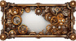 rectangular frame in steampunk style with a white background. Ornate frame, with steampunk aesthetics. Gears, clockwork elements, rivets, dials, fantasy, generated in AI