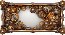Rectangular Frame In Steampunk Style With A White Background. Ornate Frame, With Steampunk Aesthetics. Gears, Clockwork Elements, Rivets, Dials, Fantasy, Generated In AI