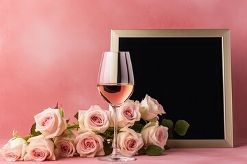 Poster - Mockup of a pink frame with sunlight, a wineglass, and white roses. selective attention. superior photograph Generative AI