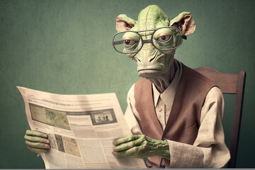 Studio photo portrait of a very old mantis wearing glasses and reading newspaper, created with Generative AI technology