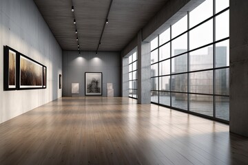 Wall Mural - Reflections on the wooden flooring and a contemporary gray gallery space with blank mock-up posters on the wall. Concept of a museum and exhibition with no people. Generative AI
