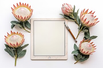 Canvas Print - Blogger or independent contractor workspace with white background, blank tablet screen, protea flower, notepad, watches, and feminine accessories. Top view of a home office desk with Generative AI