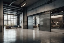 Modern Industrial Interior With Roller Doors Or Shutters, Polished Concrete Floor, And Open Space. 3D Render. Generative AI