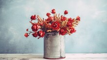 Dry Flower Arrangement In Red Marsala Bouquet In Tin Vase On White Wooden Table. Copy Area For Invitation, Greeting, And Text Generative AI