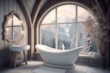 Poster - Interior of a white toilet, white bathtub, gray towel, and uniquely curved window in a luxurious wood bathroom. mock-up toned double-exposed image Generative AI