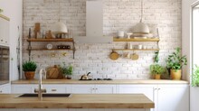 A Close-up Of The Interior Of A Contemporary Kitchen Featuring White Brick Walls And White Counters. A Mockup Generative AI