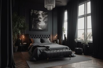 contemporary bedroom with black drapes. generative ai