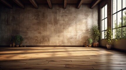 Wall Mural - For a modern house, vintage, empty space, and natural daylight, indoor wooden floor and wall Generative AI