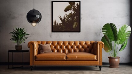 Poster - mock-up poster featuring a leather sofa and plant in a classically styled room. Generative AI