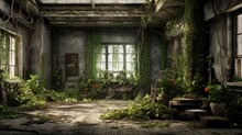 Unclean Abandoned Post-apocalyptic Classic Room Background With Plants, Generative AI