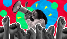 Megaphone, Protest And Woman Voice Isolated On Red Background For Human Rights, Strong Opinion Or Broadcast. Speech, Fist And Gen Z People For Power, Call To Action Or Change On Digital Scrapbook Art