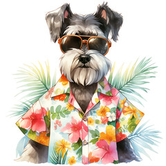 Sticker - Miniature Schnauzer on summer vacation dressed in hawaiian shirt, sunglasses and swimming trunks - Watercolor illustration isolated - Generative AI