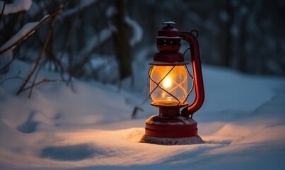 lantern in a snow covered yard with icicles lighting the way, in the style of simplified